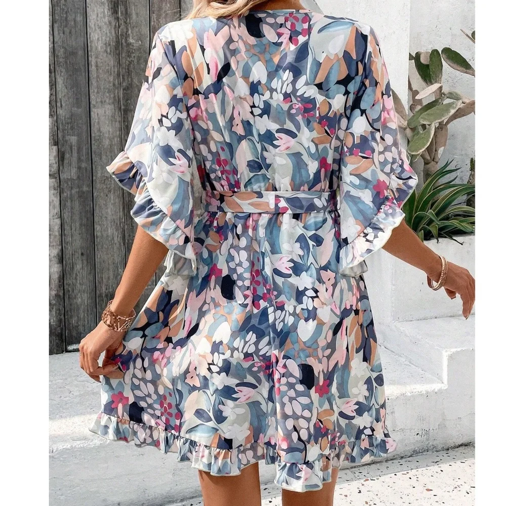 Boho Floral Print Ruffle Sleeve Mini Dress - Picture 4 of 4
